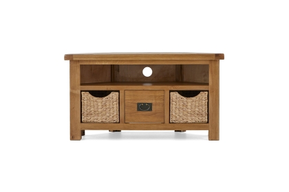 Salisbury Waxed Premium Oak Corner Tv Unit With Baskets