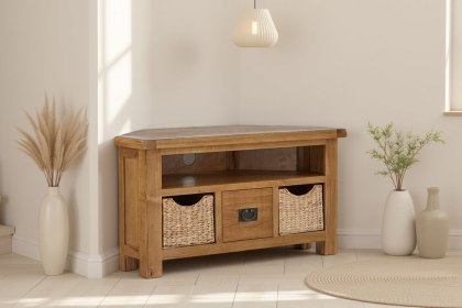 Salisbury Waxed Premium Oak Corner Tv Unit With Baskets