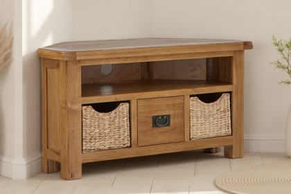 Salisbury Waxed Premium Oak Corner Tv Unit With Baskets