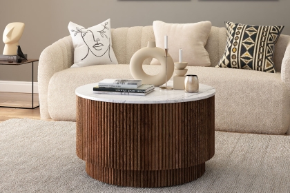 Harvard Reeded Mango Wood Storage Coffee Table with Marble Top