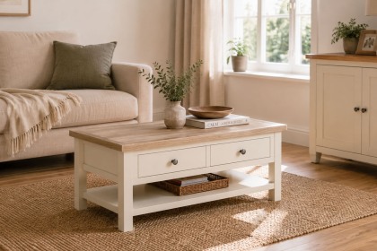 Modern Country Painted Oak Coconut White Coffee Table with Shelf