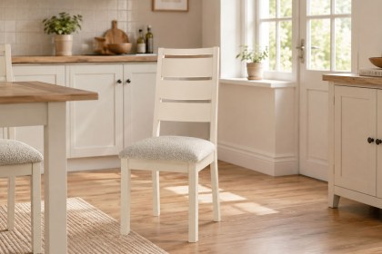 Modern Country Painted Oak Coconut White Dining Chair with Boucle White Seat (Pair)