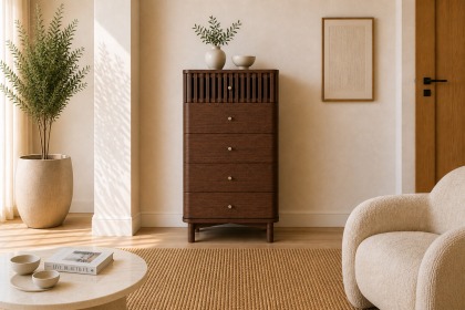 Soho Brown Oak Slatted Tallboy Chest of Drawers