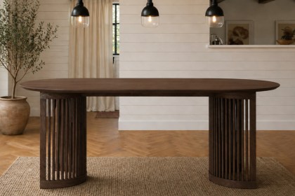 Soho Brown Oak Slatted Oval Dining Table