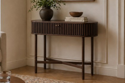 Soho Brown Oak Slatted Oval Console Table