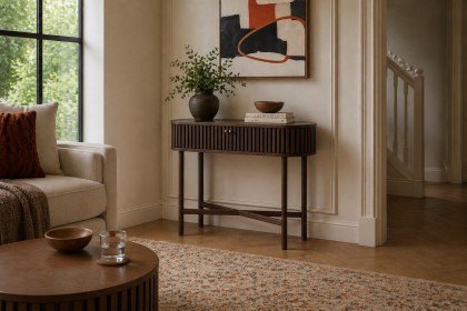 Soho Brown Oak Slatted Oval Console Table