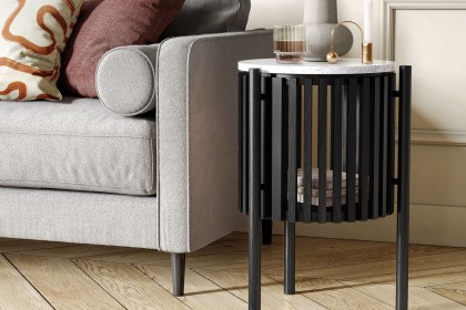 Soho Black Oak Slatted Story Side Table with Marble Top