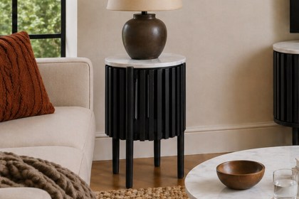 Soho Black Oak Slatted Story Side Table with Marble Top