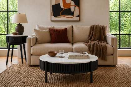 Soho Black Oak Slatted Story Coffee Table with Marble Top