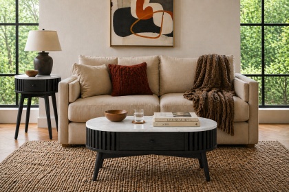 Soho Black Oak Slatted Oval Coffee Table with Marble Top
