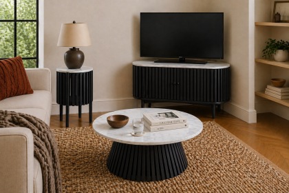 Soho Black Oak Slatted Round Coffee Table with Marble Top