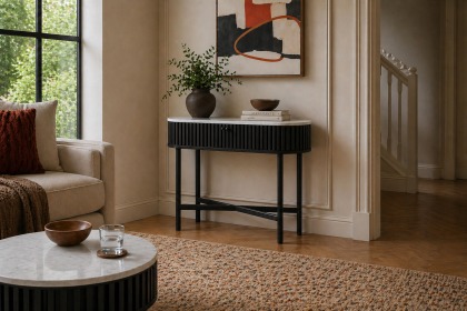 Soho Black Oak Slatted Oval Console Table with Marble Top
