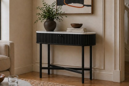 Soho Black Oak Slatted Oval Console Table with Marble Top