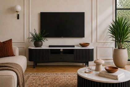 Soho Black Oak Slatted Small TV Unit with Marble Top