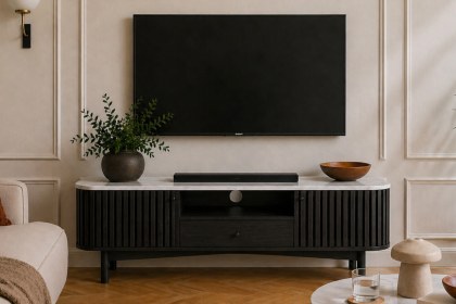 Soho Black Oak Slatted Small TV Unit with Marble Top