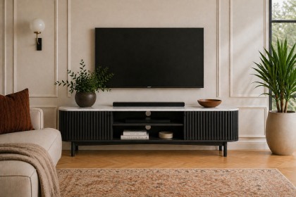 Soho Black Oak Slatted Large TV Unit with Marble Top