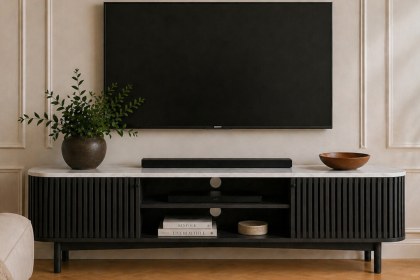 Soho Black Oak Slatted Large TV Unit with Marble Top