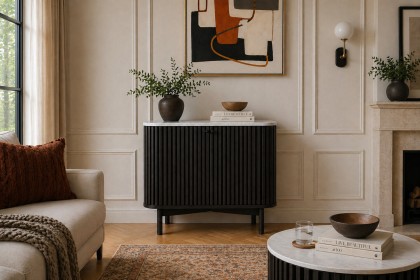 Soho Black Oak Slatted Cupboard with Marble Top