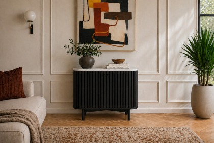 Soho Black Oak Slatted Small Sideboard with Marble Top
