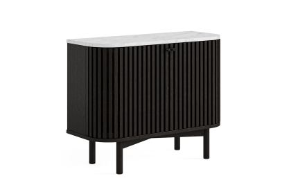 Soho Black Oak Slatted Small Sideboard with Marble Top