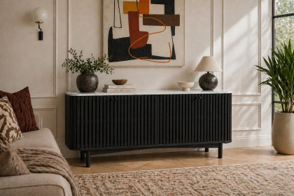 Soho Black Oak Slatted Large Sideboard with Marble Top