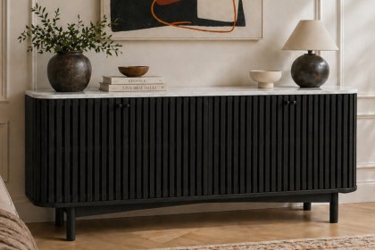 Soho Black Oak Slatted Large Sideboard with Marble Top