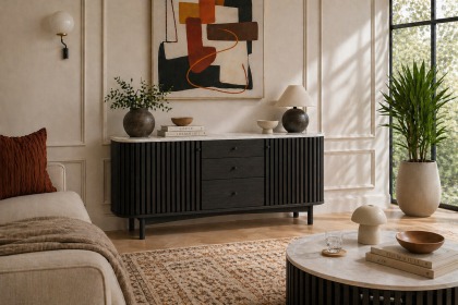 Soho Black Oak Slatted Sideboard with Drawers & Marble Top