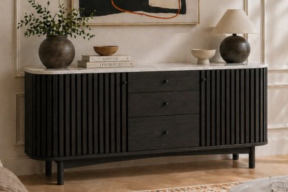 Soho Black Oak Slatted Sideboard with Drawers & Marble Top