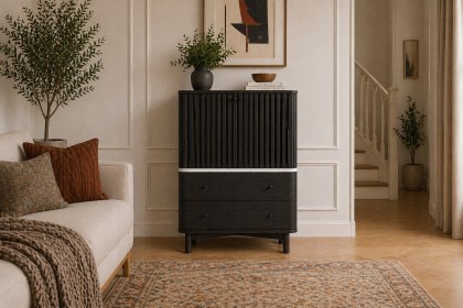 Soho Black Oak Slatted Shoe Cupboard with Marble Top