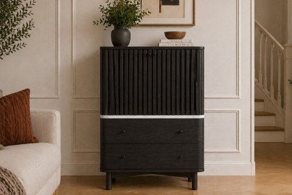 Soho Black Oak Slatted Shoe Cupboard with Marble Top