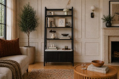 Soho Black Oak Slatted Bookcase with Marble Top