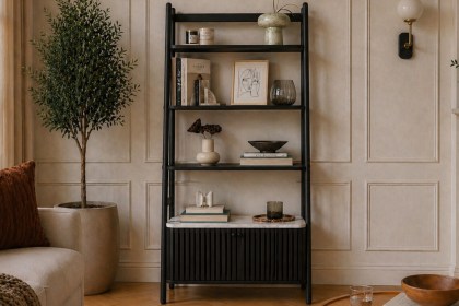 Soho Black Oak Slatted Bookcase with Marble Top