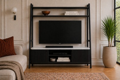 Soho Black Oak Slatted 137cm Ladder TV Unit with Marble Top