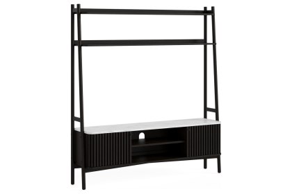 Soho Black Oak Slatted 165cm Ladder TV Unit with Marble Top