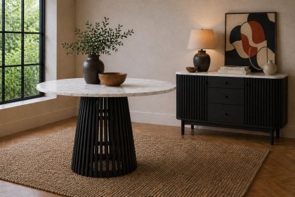Soho Black Oak Slatted Round Dining Table with Marble Top