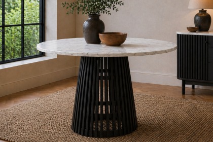 Soho Black Oak Slatted Round Dining Table with Marble Top