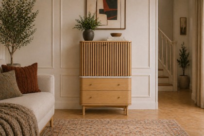 Soho Natural Oak Slatted Shoe Cupboard with Marble Top