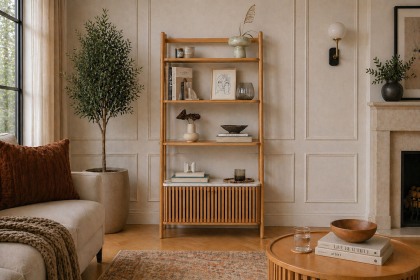 Soho Natural Oak Slatted Bookcase with Marble Top