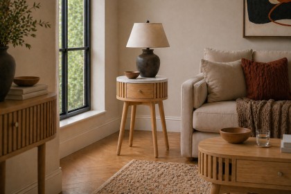 Soho Natural Oak Slatted Round Side Table with Marble Top