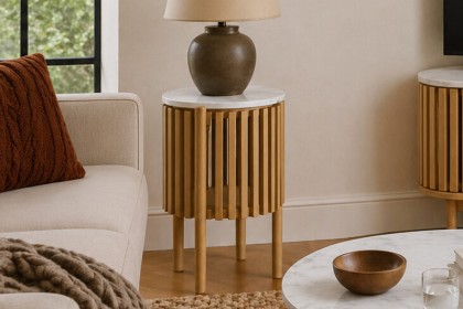 Soho Natural Oak Slatted Story Side Table with Marble Top