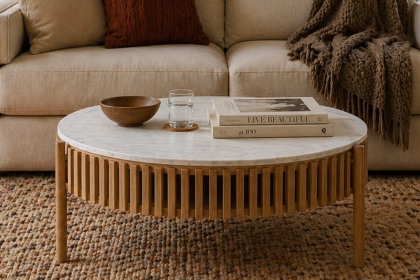 Soho Natural Oak Slatted Story Coffee Table with Marble Top