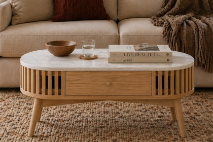 Soho Natural Oak Slatted Oval Coffee Table with Marble Top
