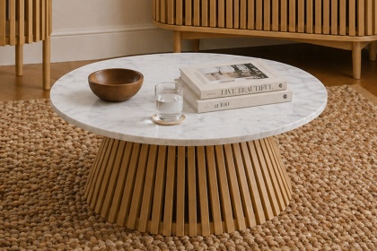 Soho Natural Oak Slatted Round Coffee Table with Marble Top