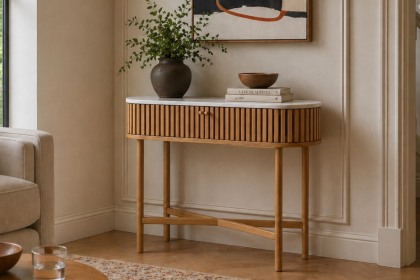 Soho Natural Oak Slatted Oval Console Table with Marble Top