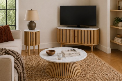 Soho Natural Oak Slatted Corner TV Unit with Marble Top