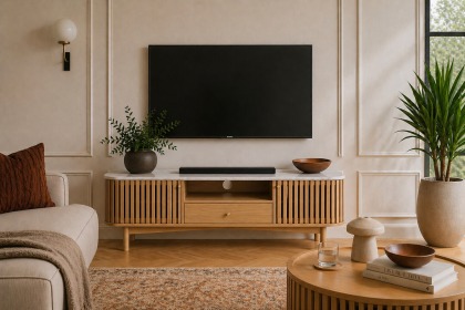 Soho Natural Oak Slatted Small TV Unit with Marble Top