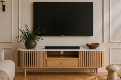 Soho Natural Oak Slatted Small TV Unit with Marble Top