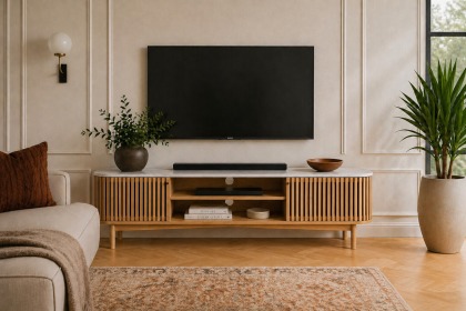 Soho Natural Oak Slatted Large TV Unit with Marble Top
