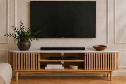 Soho Natural Oak Slatted Large TV Unit with Marble Top