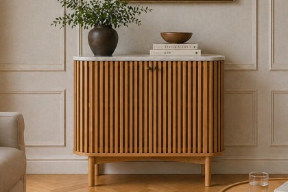 Soho Natural Oak Slatted Cupboard with Marble Top